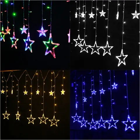 Christmas LED Star Curtain Lights 220V Plug In Pentagram String Lights For Window Wall Holiday Party Home Decoration