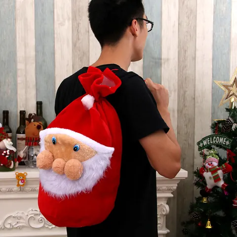 Große Weihnachten Weihnachtsmann Gesicht Samt Geschenkbeutel Rot Kordelzug Rucksack Süßigkeiten Beutel Xmas Party Dekoration