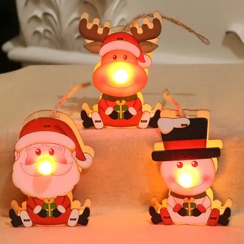 LED Light Up Wooden Christmas Ornaments Santa Snowman Reindeer Hanging Pendant For Xmas Tree Decor Children Gift