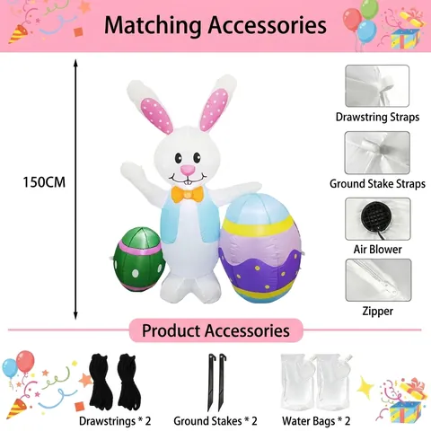 Inflatable Easter Bunny And Eggs Outdoor Yard Decoration Glowing Polyester Festive Party Holiday Scene Layout Ornament