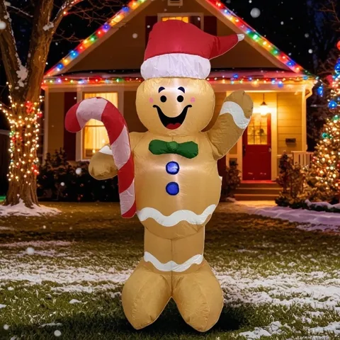 Inflatable Christmas Gingerbread Man Outdoor Decoration Built-in LED Glowing Blow Up Yard Prop With Stakes Tethers 5ft 1.5m