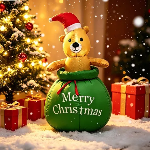 Inflatable Christmas Bear In Green Gift Bag Outdoor Garden Decoration With LED Lights Merry Christmas Inflatable Yard Decor