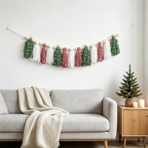 Bohemian Christmas Tassel Garland Handmade Yarn Wooden Bead Star Banner For Fireplace Bedroom Wall Decoration Festive Holiday Party Hanging Ornament