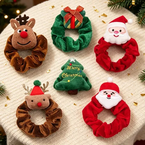 Kerstmis Fluweel Haarelastiekjes Schattig Rendier Kerstman Kerstboom Strik Pailletten Haarelastiekjes Voor Meisjes Festival Haaraccessoires