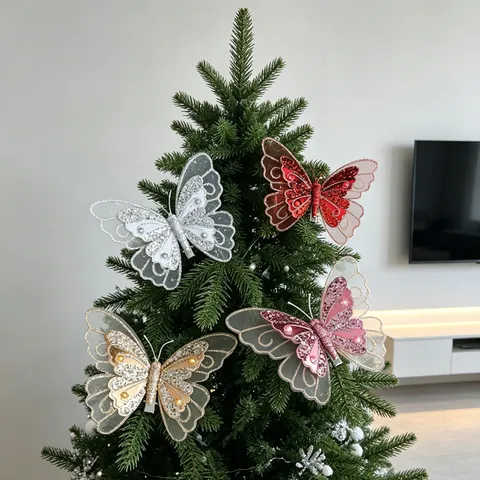 Artificial Glitter Butterfly Christmas Tree Ornaments Mesh Velvet Butterfly Hanging Decoration Holiday Party Home Decor