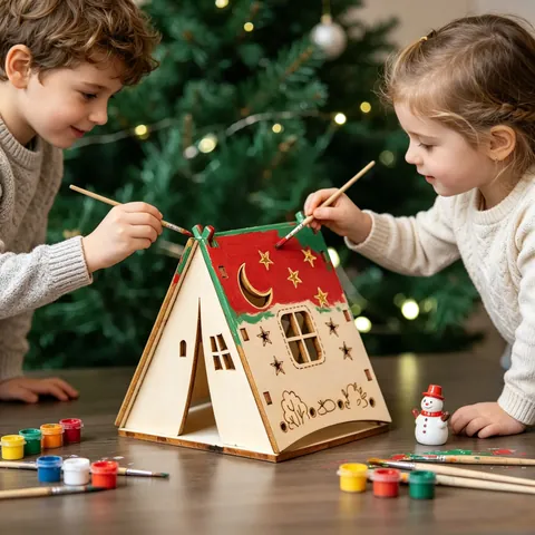 DIY Χριστουγεννιάτικη Ξύλινη Διακόσμηση Σκηνή Αστέρι Φεγγάρι Κοίλο Ξύλο Ζωγραφισμένο Κηροπήγιο Λάμπα Χριστουγεννιάτικο Διακοσμητικό