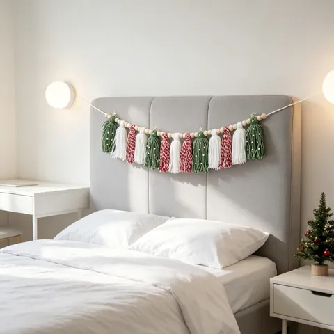 Bohemian Christmas Tassel Garland Handmade Yarn Wooden Bead Star Banner For Fireplace Bedroom Wall Decoration Festive Holiday Party Hanging Ornament