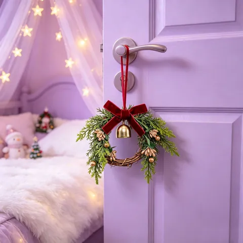 Kerst Kleine Krans Hangend Ornament Dennenappelkrans Met Fluwelen Strik Bel Voor Kerstboom Deur Huis Decoratie Feestelijke Decoratie