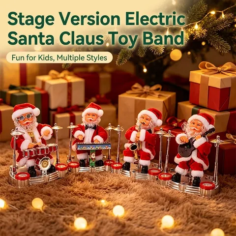 Adorno Eléctrico Musical Papá Noel Banda en Escenario Tambor Guitarra Teclado Saxofón Juguete para Decoración Navideña