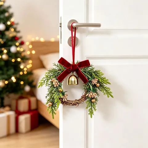 Kerst Kleine Krans Hangend Ornament Dennenappelkrans Met Fluwelen Strik Bel Voor Kerstboom Deur Huis Decoratie Feestelijke Decoratie