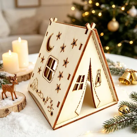 DIY Χριστουγεννιάτικη Ξύλινη Διακόσμηση Σκηνή Αστέρι Φεγγάρι Κοίλο Ξύλο Ζωγραφισμένο Κηροπήγιο Λάμπα Χριστουγεννιάτικο Διακοσμητικό