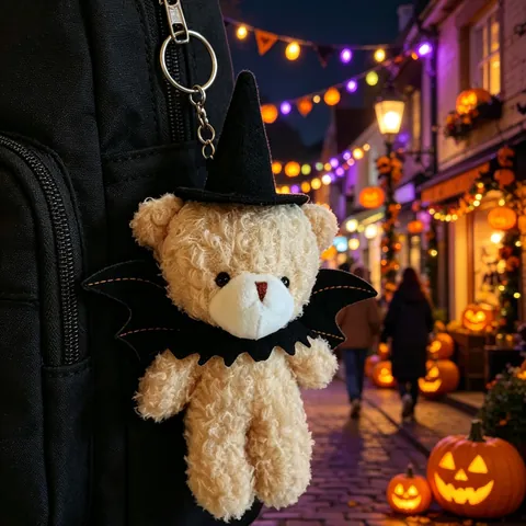 Halloween Plush Bear Keychain Pendant Cute Witch Hat Pumpkin Bat Doll Backpack Hanging Ornament For Students Halloween Decor