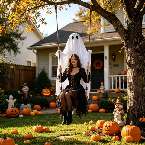 Halloween Hanging Glowing Ghost Swing Decoration Outdoor Yard Party Fabric Ghost With LED Light And Wood Base Spooky Festive Decor