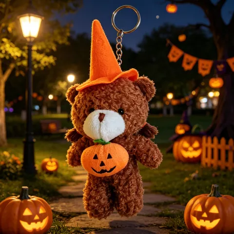 Halloween Plush Bear Keychain Pendant Cute Witch Hat Pumpkin Bat Doll Backpack Hanging Ornament For Students Halloween Decor
