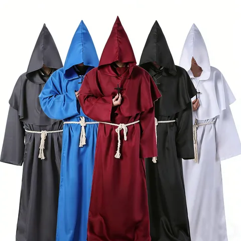 Túnica de Sacerdote Medieval Con Capa Con Capucha Cinturón de Cuerda Collar de Cruz Halloween Disfraz de Cosplay Para Hombre