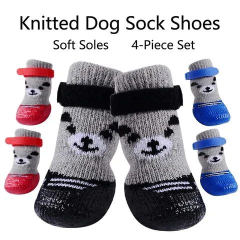 Cartoon Dog Shoes Socks Waterproof Anti-slip Cotton Knitted Pet Footwear Adjustable Strap Paw Protector For Cats Small Dogs