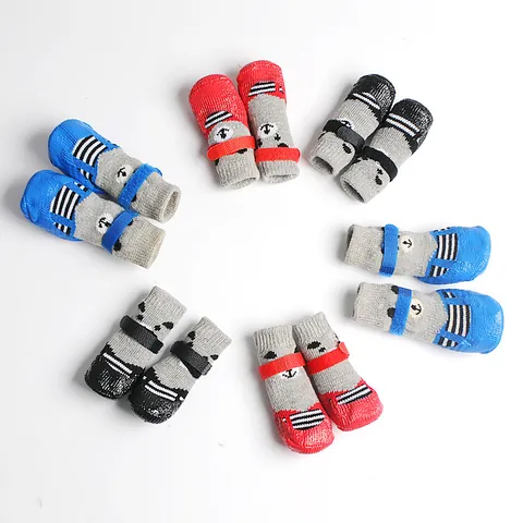 Cartoon Dog Shoes Socks Waterproof Anti-slip Cotton Knitted Pet Footwear Adjustable Strap Paw Protector For Cats Small Dogs