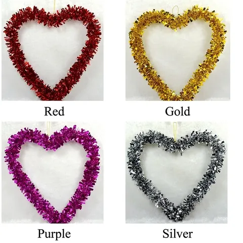 Heart Shaped Christmas Tinsel Wreath Metallic Garland For Xmas Party Window Decor Red Gold Silver Purple Holiday Hanging Ornament