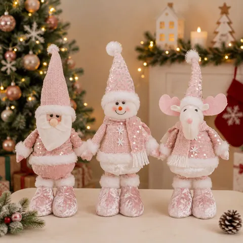 Bambola Telescopica di Peluche Natalizia Rosa Paillettes Renna Babbo Natale Pupazzo di Neve Ornamento Gnomo Luminoso