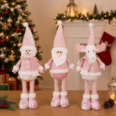 Bambola Telescopica di Peluche Natalizia Rosa Paillettes Renna Babbo Natale Pupazzo di Neve Ornamento Gnomo Luminoso