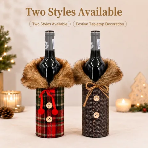Christmas Wine Bottle Cover Plush Fur Collar Red Plaid Grey Herringbone Decorative Wine Sleeve For Holiday Table Decor