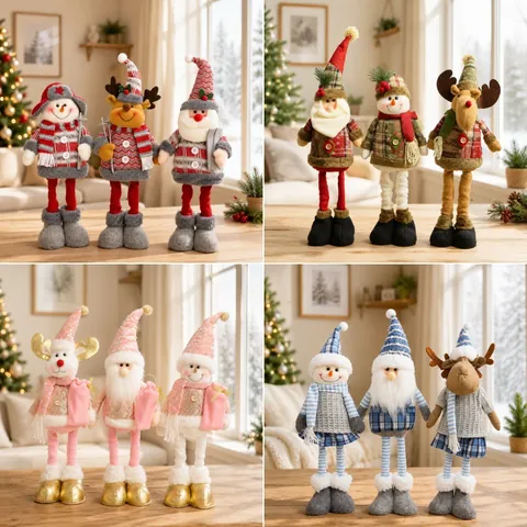Bambola Telescopica di Natale in Tessuto a Quadri Vintage Gambe Lunghe In Piedi Renna Babbo Natale Ornamento Casa