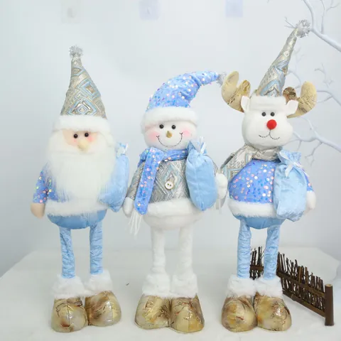 Gnomo di Natale Estensibile Blu Bianco Peluche Babbo Natale Pupazzo di Neve Renna Tessuto con Paillettes Ornamento da Tavolo