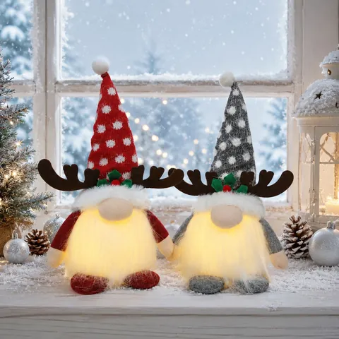Nordic Style Christmas Gnome Plush Decoration With LED Light Elk Antlers Polka Dot Hat Faceless Old Man Desktop Ornament