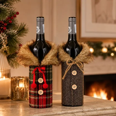 Christmas Wine Bottle Cover Faux Fur Collar Plaid Herringbone Design Festive Table Decor For Xmas Party Dining Decoration