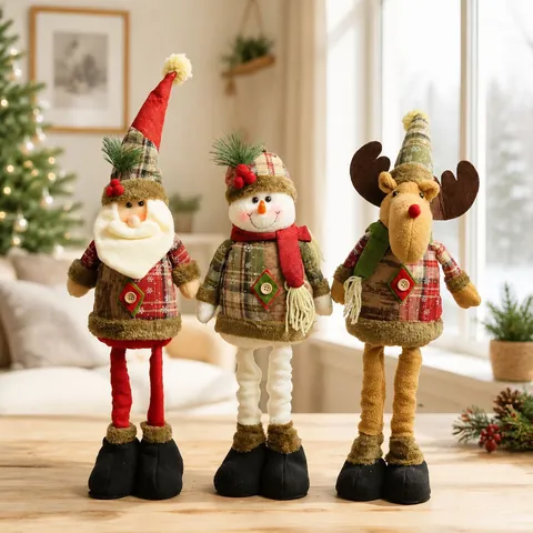 Bambola Telescopica di Natale in Tessuto a Quadri Vintage Gambe Lunghe In Piedi Renna Babbo Natale Ornamento Casa