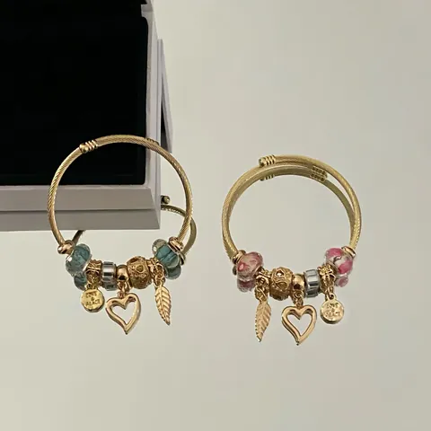 Stainless Steel DIY Charm Bracelet Gold Plated Adjustable Angel Wings Heart Pendant Beads Bangle For Women Friends Jewelry Gift