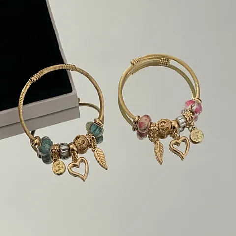 Stainless Steel DIY Charm Bracelet Gold Plated Adjustable Angel Wings Heart Pendant Beads Bangle For Women Friends Jewelry Gift