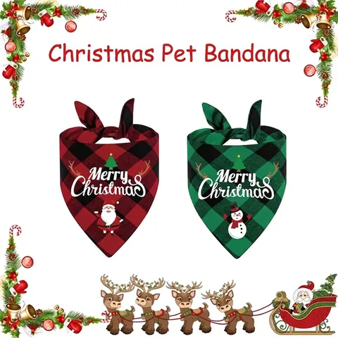 Polyester Christmas Pet Bandana Buffalo Plaid Dog Scarf Merry Christmas Printed Reversible Pet Kerchief For Small Medium Dogs
