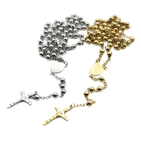 Stainless Steel 6mm Beads Rosary Necklace For Women Men Gold Silver Catholic Religious Cross St. Benedict Medal Necklace