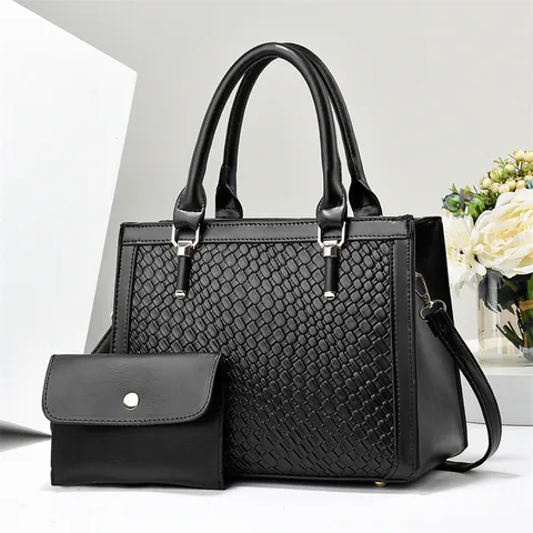 Women Fashion Tote Bag 2-Piece Set PU Leather Woven Handbag Large Capacity Shoulder Crossbody Bag Casual Mother-Child Bag