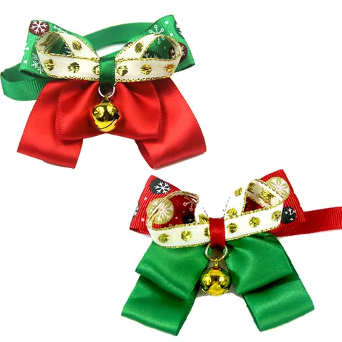 Christmas Pet Bow Tie With Gold Bell Adjustable Holiday Dog Cat Collar Ribbon Bows Snowflake Polka Dot Pet Neck Accessory