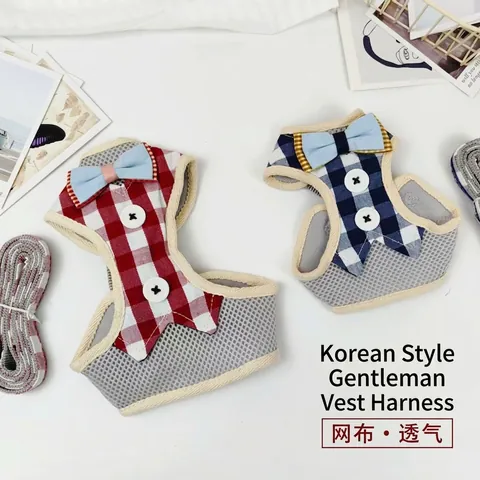 Gentleman Style Plaid Pet Harness And Leash Set Breathable Mesh Adjustable Dog Vest With Bowtie For Small Medium Dogs Cats