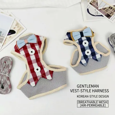 Gentleman Style Plaid Pet Harness And Leash Set Breathable Mesh Adjustable Dog Vest With Bowtie For Small Medium Dogs Cats