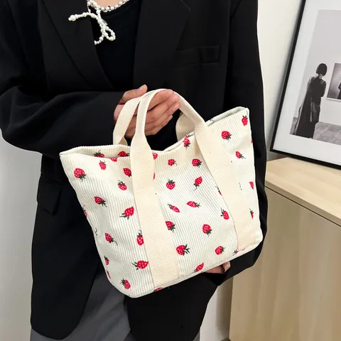 Women's Corduroy Strawberry Print Tote Bag Large Capacity Casual Shoulder Bag Sweet Handbag For Daily Shopping Commuting