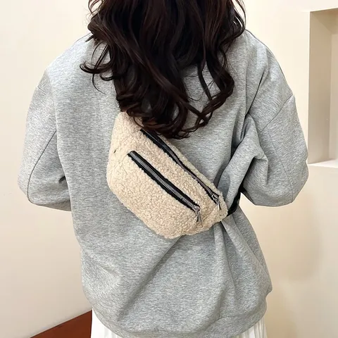 Women Plush Chest Bag Sherpa Fleece Crossbody Bag Cotton Polyester Animal Print Waist Pack Casual Shoulder Fanny Pack