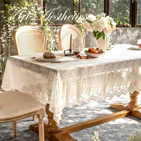 French Vintage Lace Tablecloth Hollow White Black Rectangular Floral Table Cover For Wedding Party Home Dining Decoration