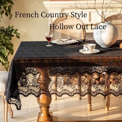 French Vintage Lace Tablecloth Hollow White Black Rectangular Floral Table Cover For Wedding Party Home Dining Decoration