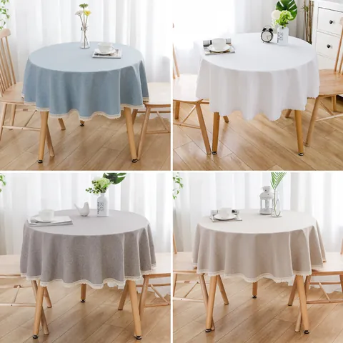 Round Tablecloth Waterproof Oil-proof Wash-free Polyester Linen Look Lace Trim Modern Minimalist Home Dining Table Decor
