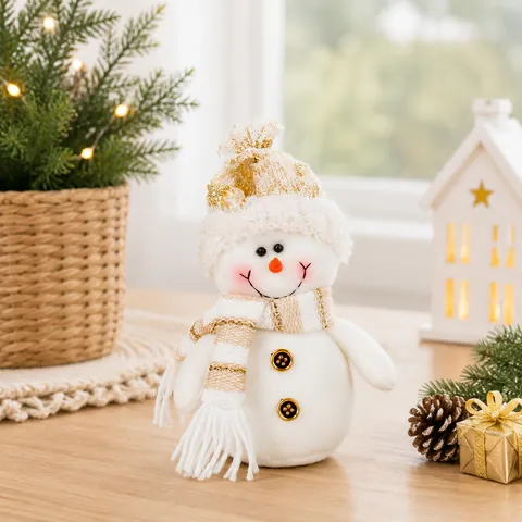 Plush Christmas Snowman Santa Figurine Knitted Hat Scarf Ornament White Gold Festive Home Decor Xmas Gift Decoration