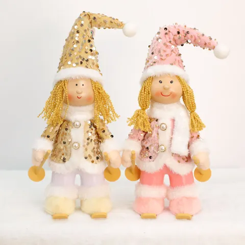 Christmas Sequin Girl Elf Doll Ornament Glitter Skiing Girl Gnome Plush Figurine For Home Holiday Window Decor Pink Gold