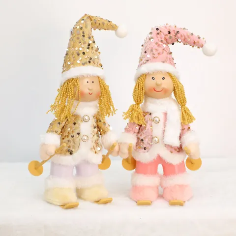 Christmas Sequin Girl Elf Doll Ornament Glitter Skiing Girl Gnome Plush Figurine For Home Holiday Window Decor Pink Gold