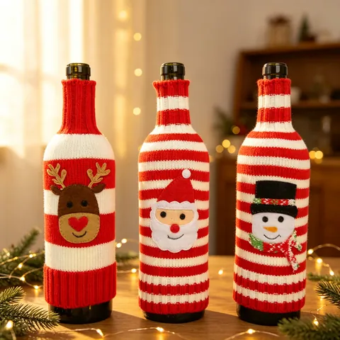 Copribottiglia di Vino a Maglia di Natale Babbo Natale Pupazzo di Neve Renna Decorazione Tavola Festa Accessorio Regalo