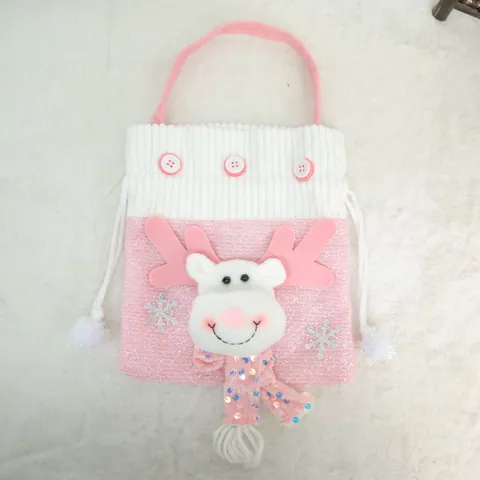 Sacchetto Regalo di Natale in Peluche Rosa Pastello Sacco con Coulisse Babbo Natale Renna Pupazzo di Neve 3D Morbido Sacchetto per Caramelle