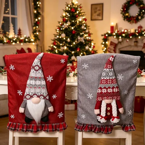 Christmas Gnome Chair Covers Fabric Snowflake Plaid Ruffle Hem For Dining Room Festive Holiday Home Decoration Chair Back Covers