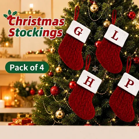 Mini Knitted Christmas Stocking Ornament Red White Alphabet Initial Rustic Xmas Hanging Decoration For Christmas Tree Party